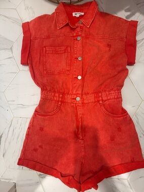 Red Denim Short Sleeve Romper